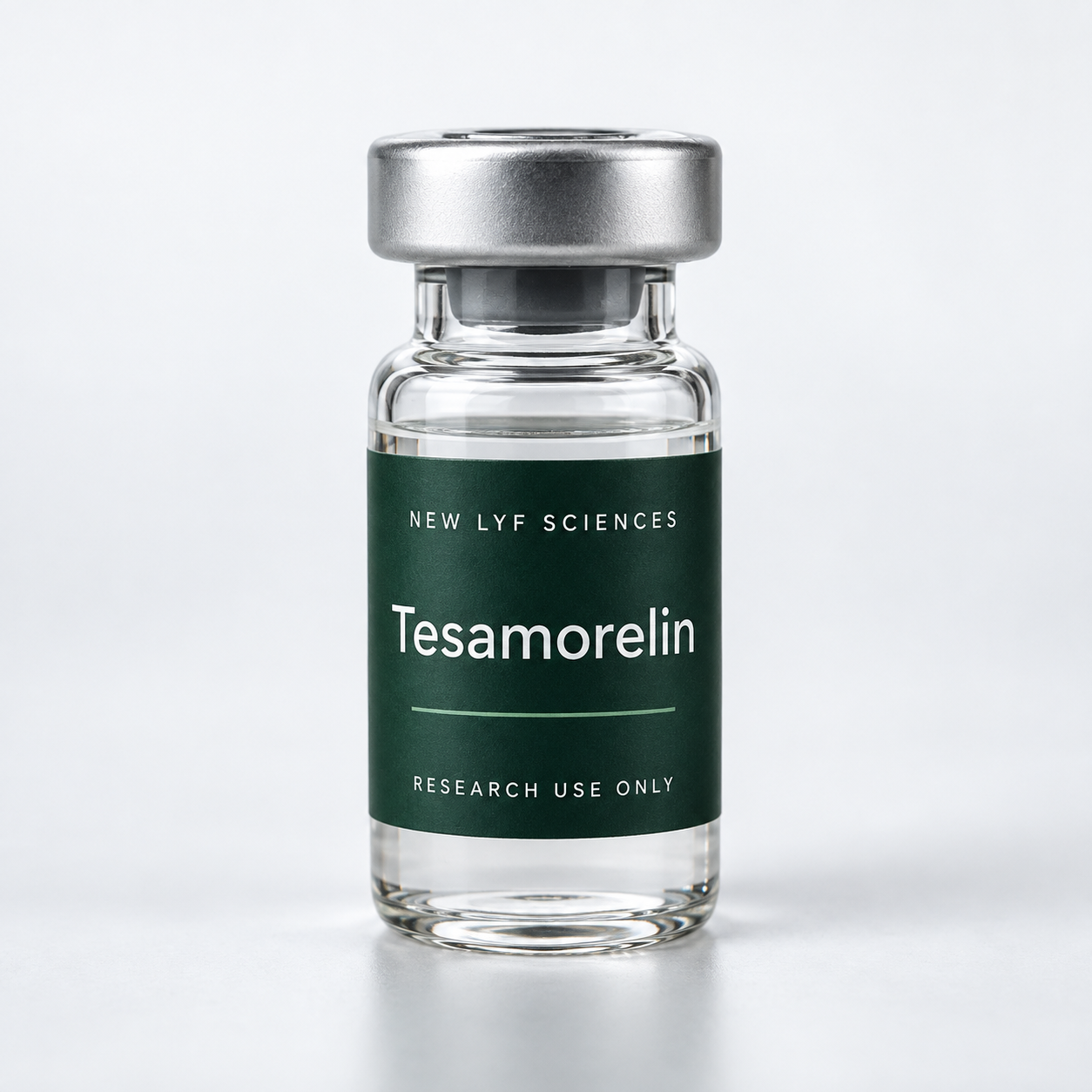 Tesamorelin labelled vial — illustrative packaging render